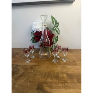 Vintage Ruby Band Floral Etched Decanter Set Gold Trim Barware Glassware Barware